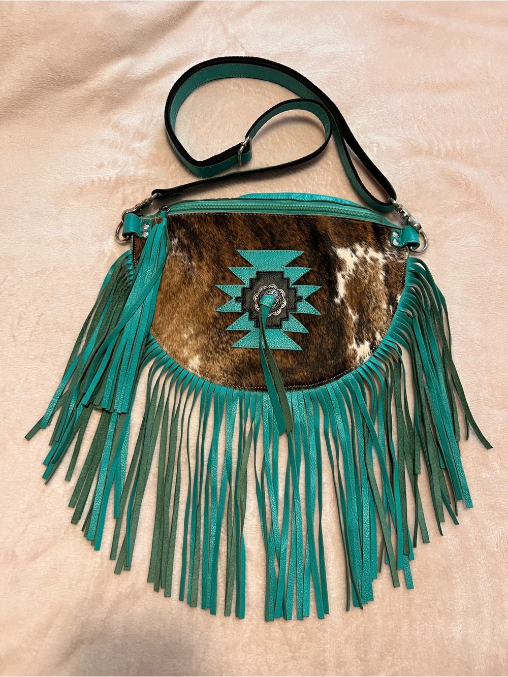Turquoise Fringe Cowhide Shoulder Bag - Western-Inspired Design